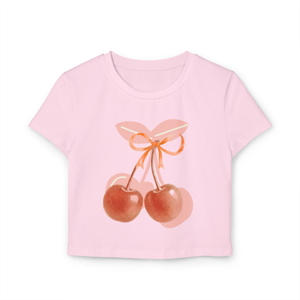 Cherry Bow Crop Tee — Cute Pink Watercolor Fruit Graphic Women's Baby Tee