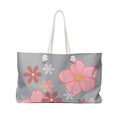 Floral Pink Garden Weekender Bag — Large Grey Tote with Pink Flower Print