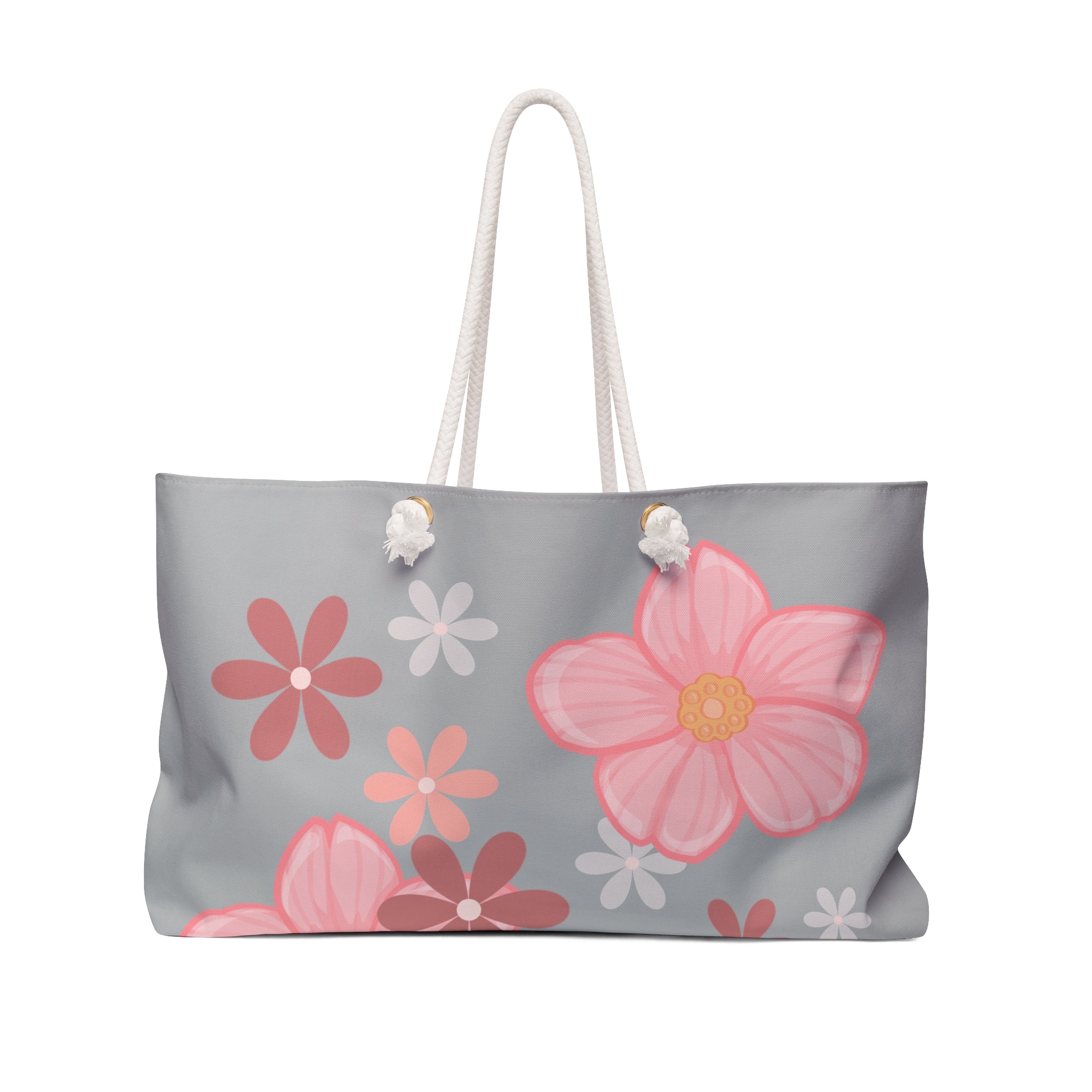 Floral Pink Garden Weekender Bag — Large Grey Tote with Pink Flower Print