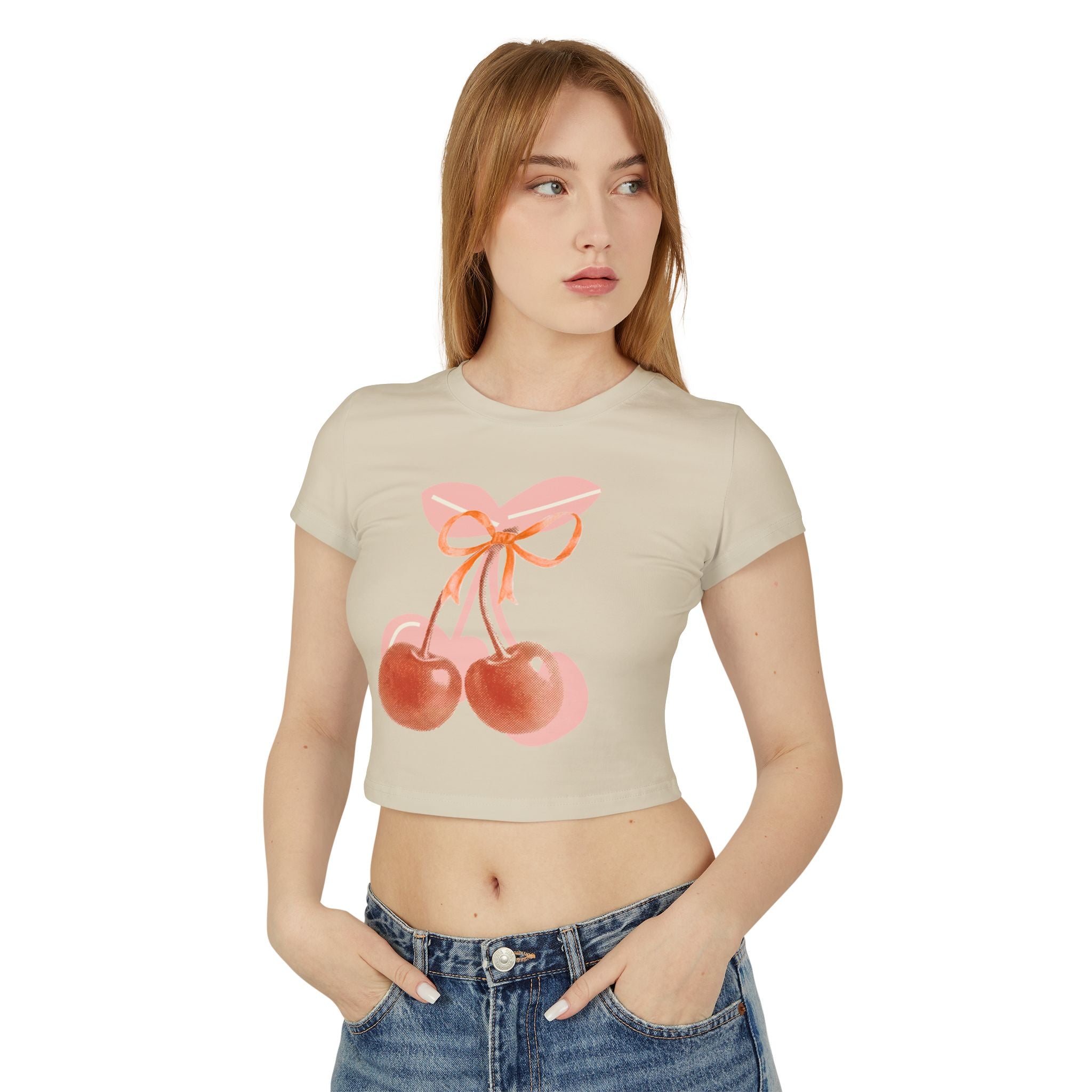 Cherry Bow Crop Tee — Cute Pink Watercolor Fruit Graphic Women's Baby Tee