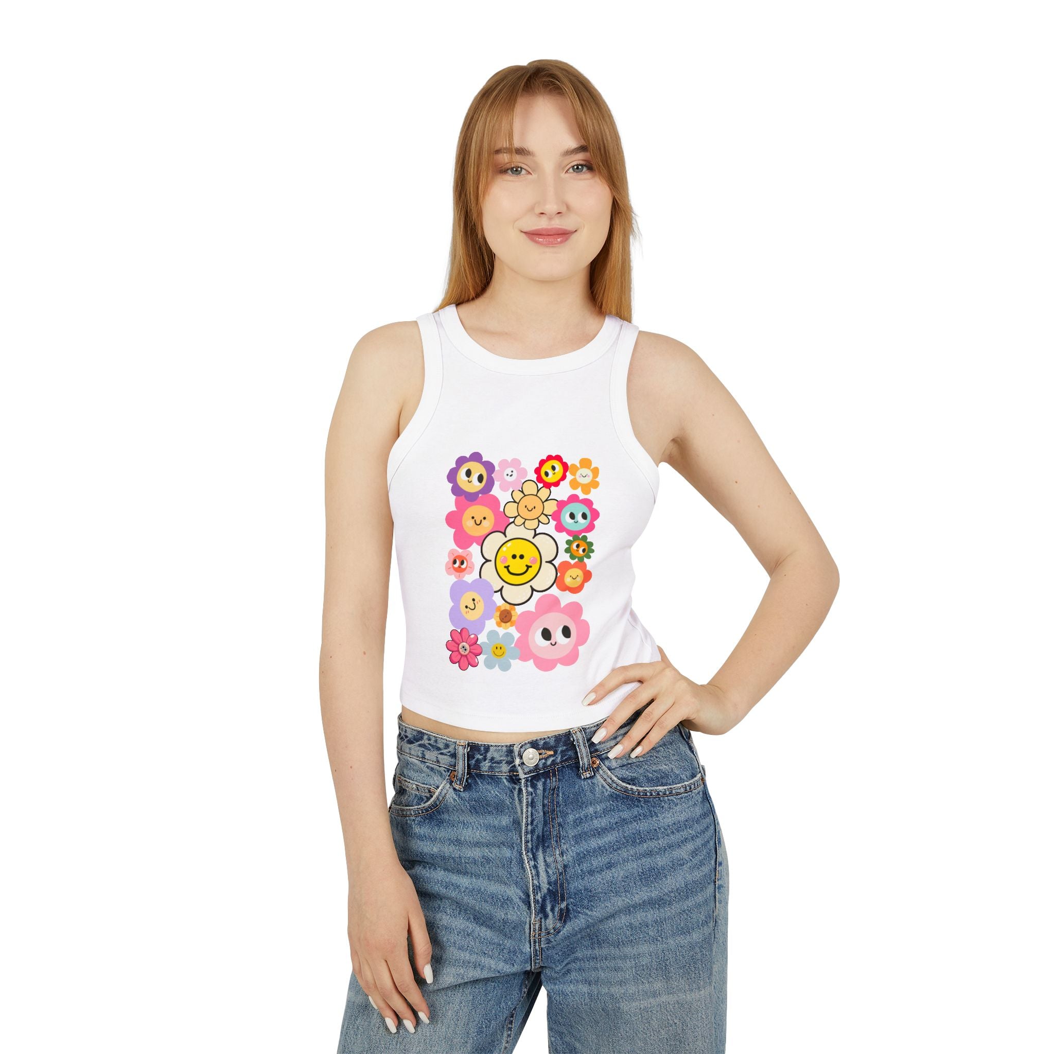 Smiley Flower Crop Tank — Cute Floral Smiley Graphic Racerback Tank