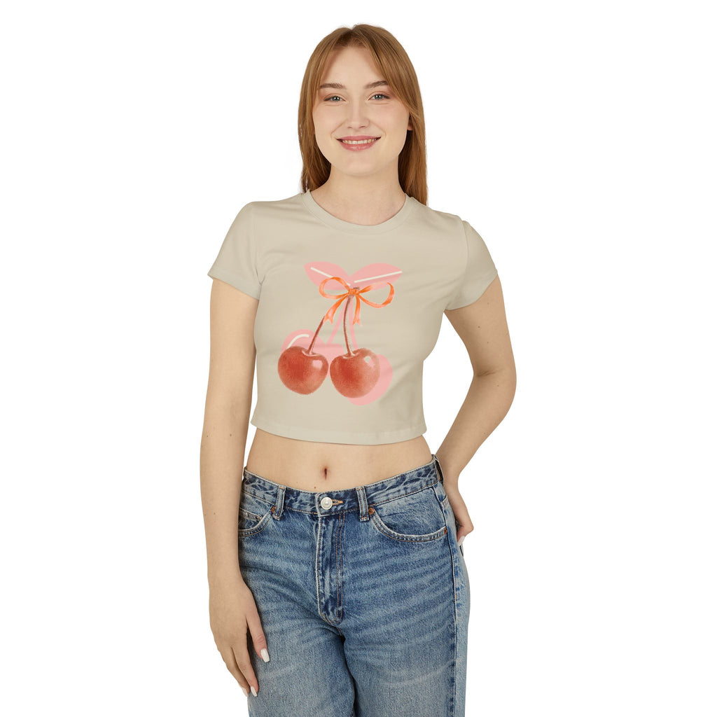 Cherry Bow Crop Tee — Cute Pink Watercolor Fruit Graphic Women's Baby Tee