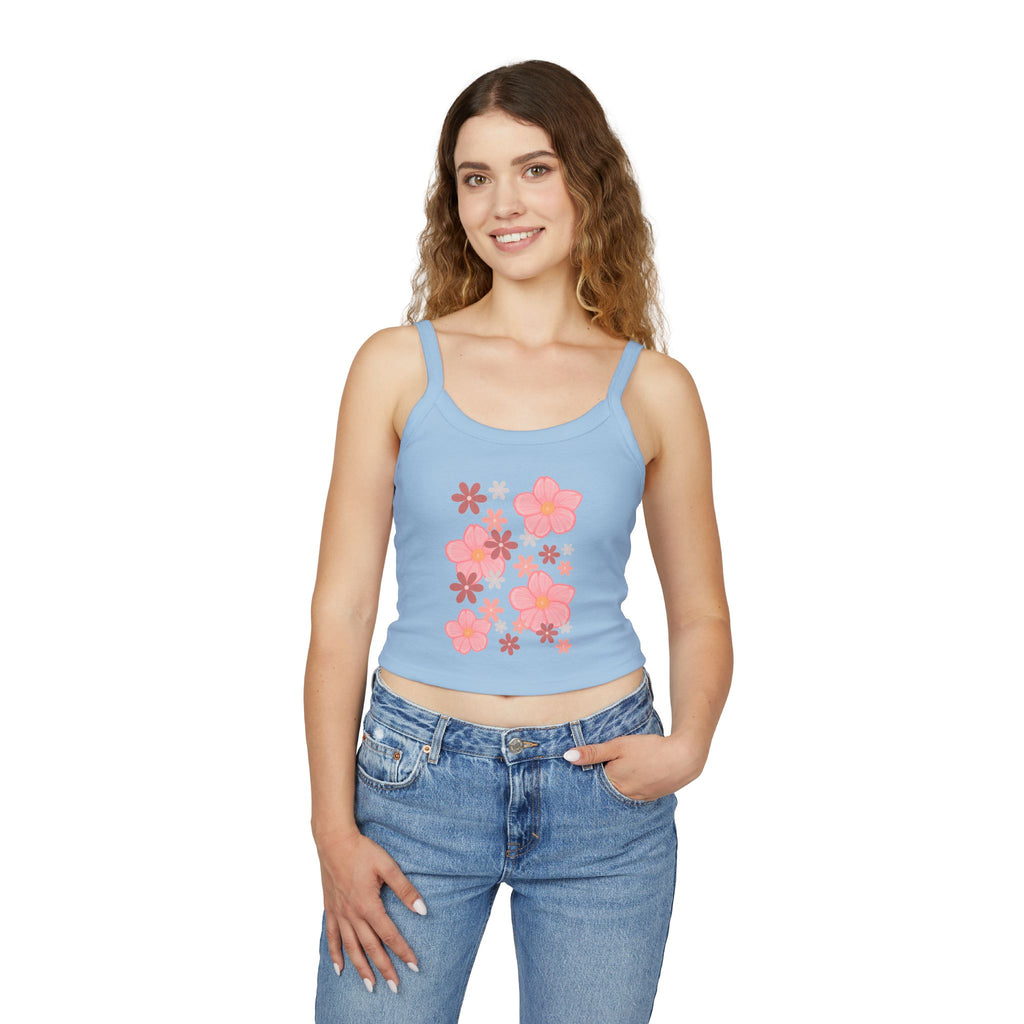 Floral Bloom Spaghetti Strap Tank — Pink Retro Flower Graphic