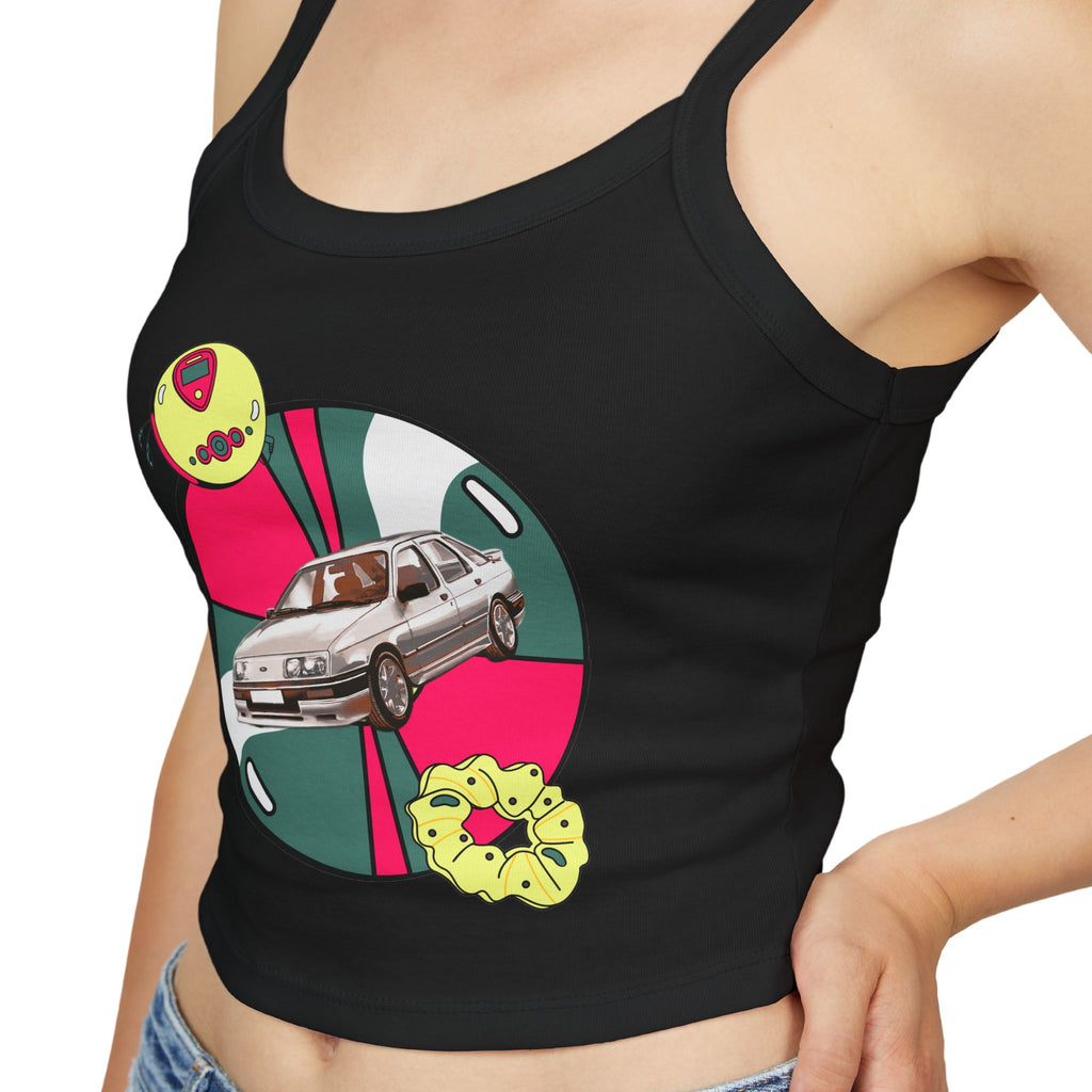 Retro Car Crop Tank Top — Vintage Sedan Graphic Spaghetti Strap Top