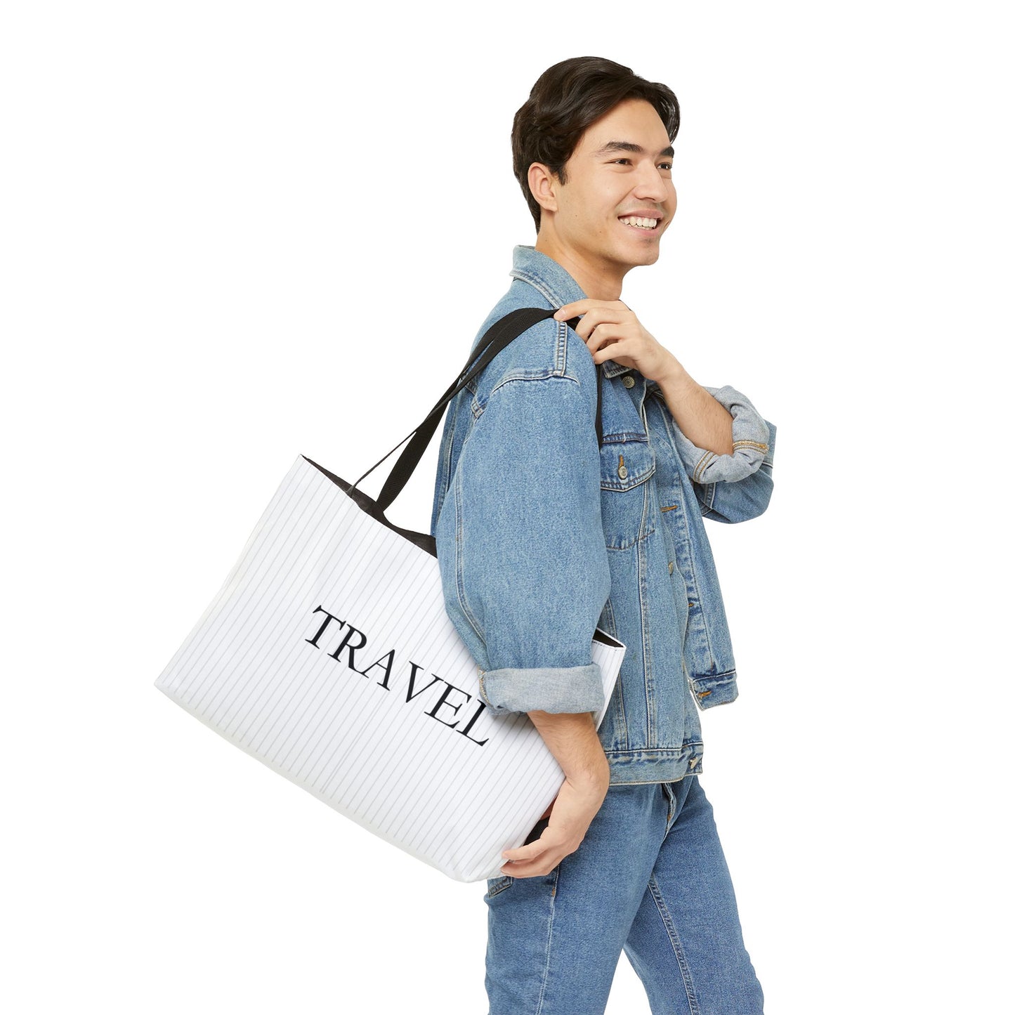 Travel Weekender Tote Bag — Striped Carryall with "TRAVEL" Script