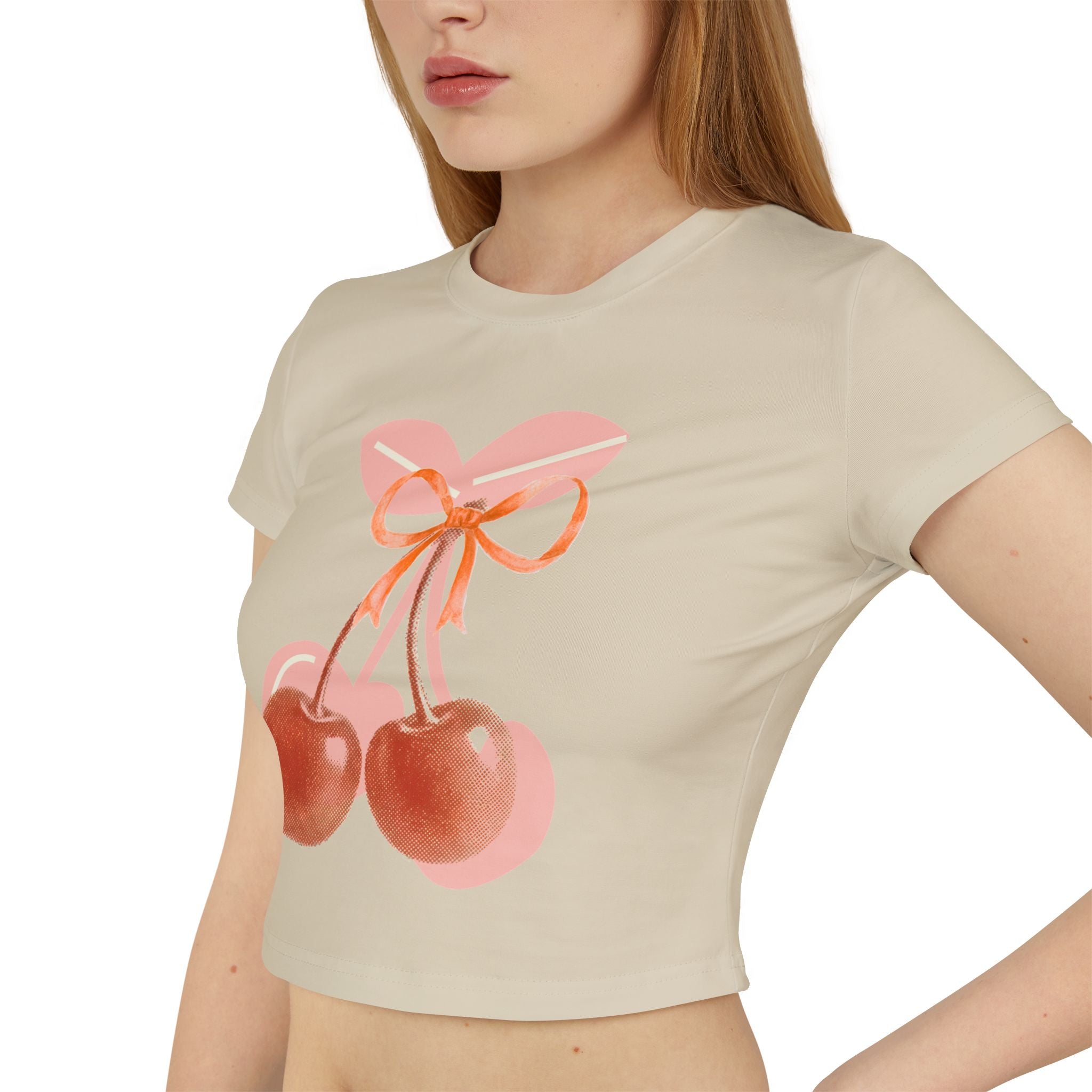 Cherry Bow Crop Tee — Cute Pink Watercolor Fruit Graphic Women's Baby Tee