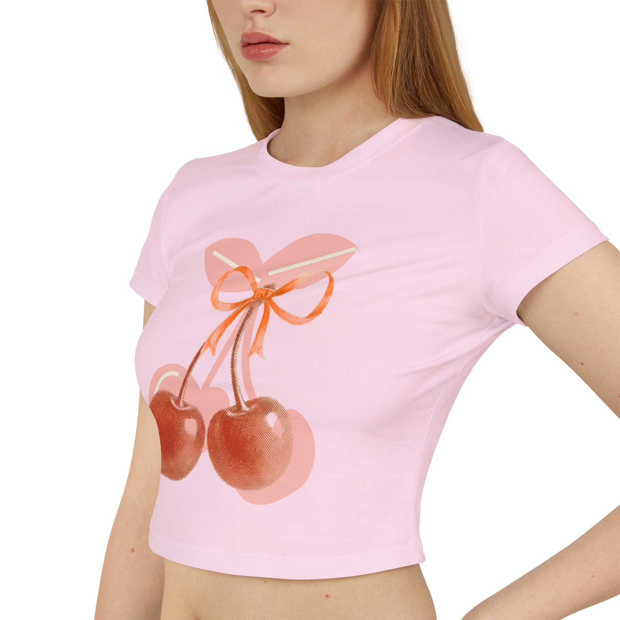 Cherry Bow Crop Tee — Cute Pink Watercolor Fruit Graphic Women's Baby Tee