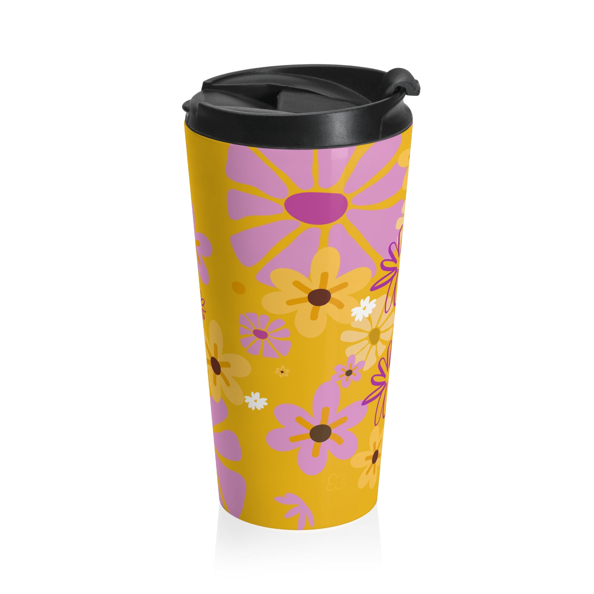 Floral Retro Travel Mug — Yellow Pink Daisy Stainless Steel Tumbler
