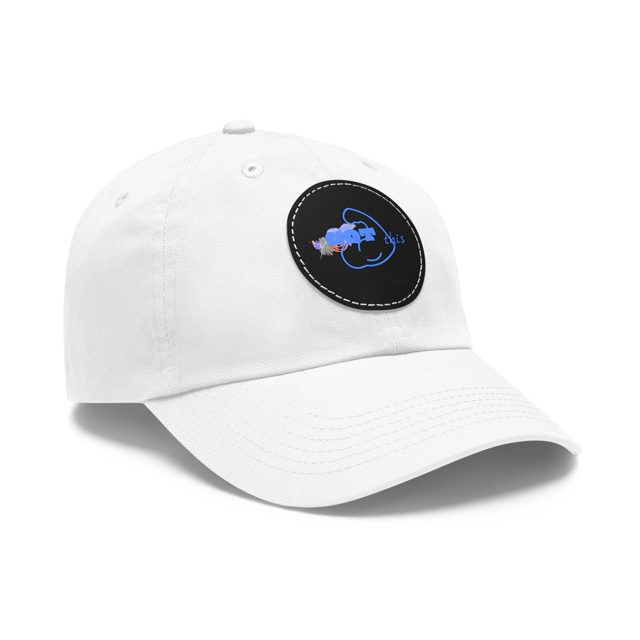 White Dad Hat with Round Leather Patch - Blue Abstract Fish Design