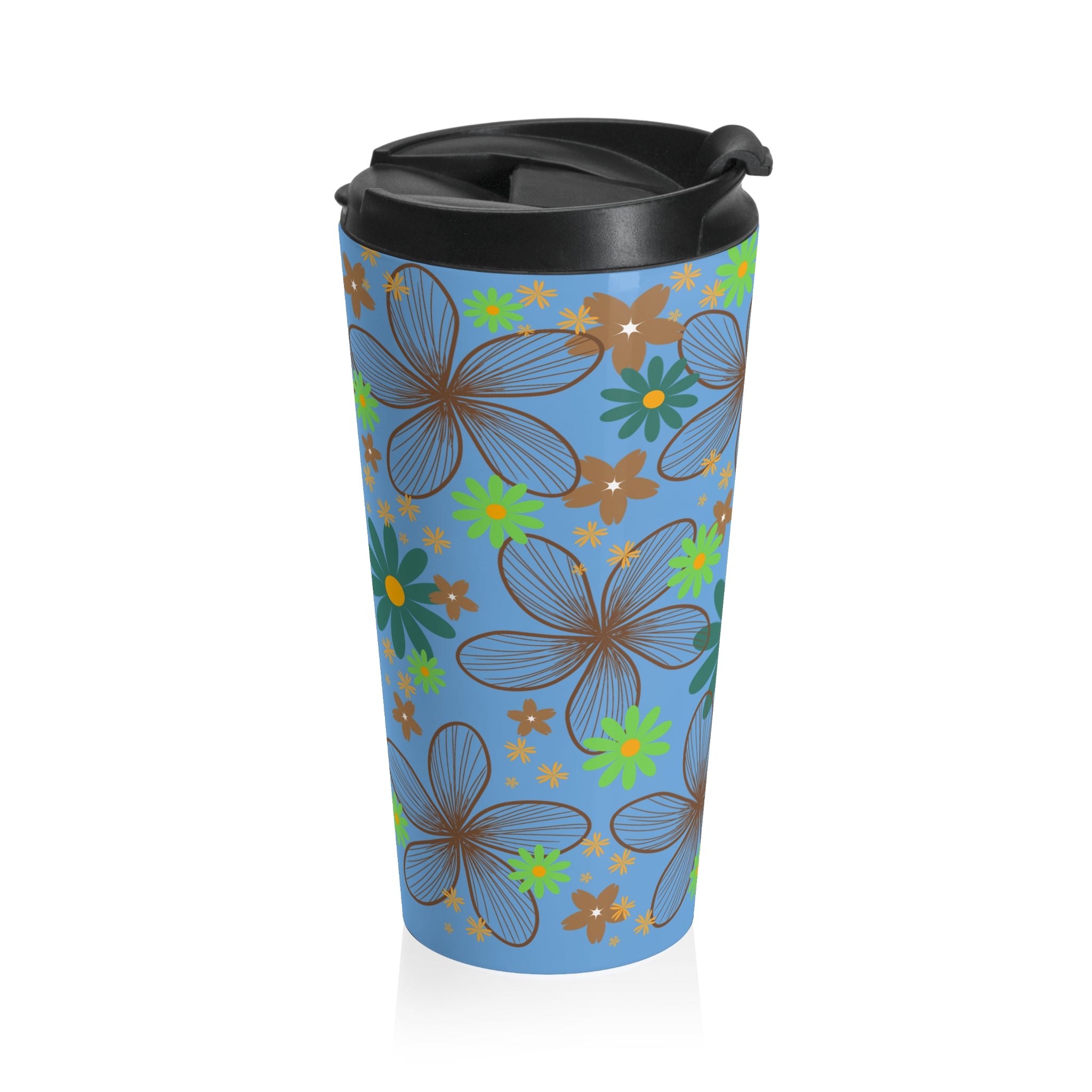 Floral Breeze Stainless Steel Travel Mug — Blue Vintage Flower Pattern