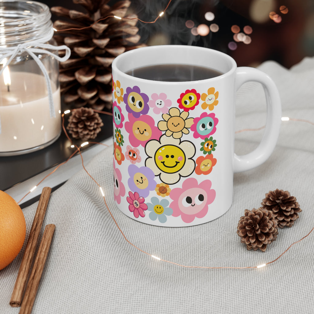 Happy Daisy Floral Coffee Mug — Cute Smiley Flower Pattern (11oz & 15oz)