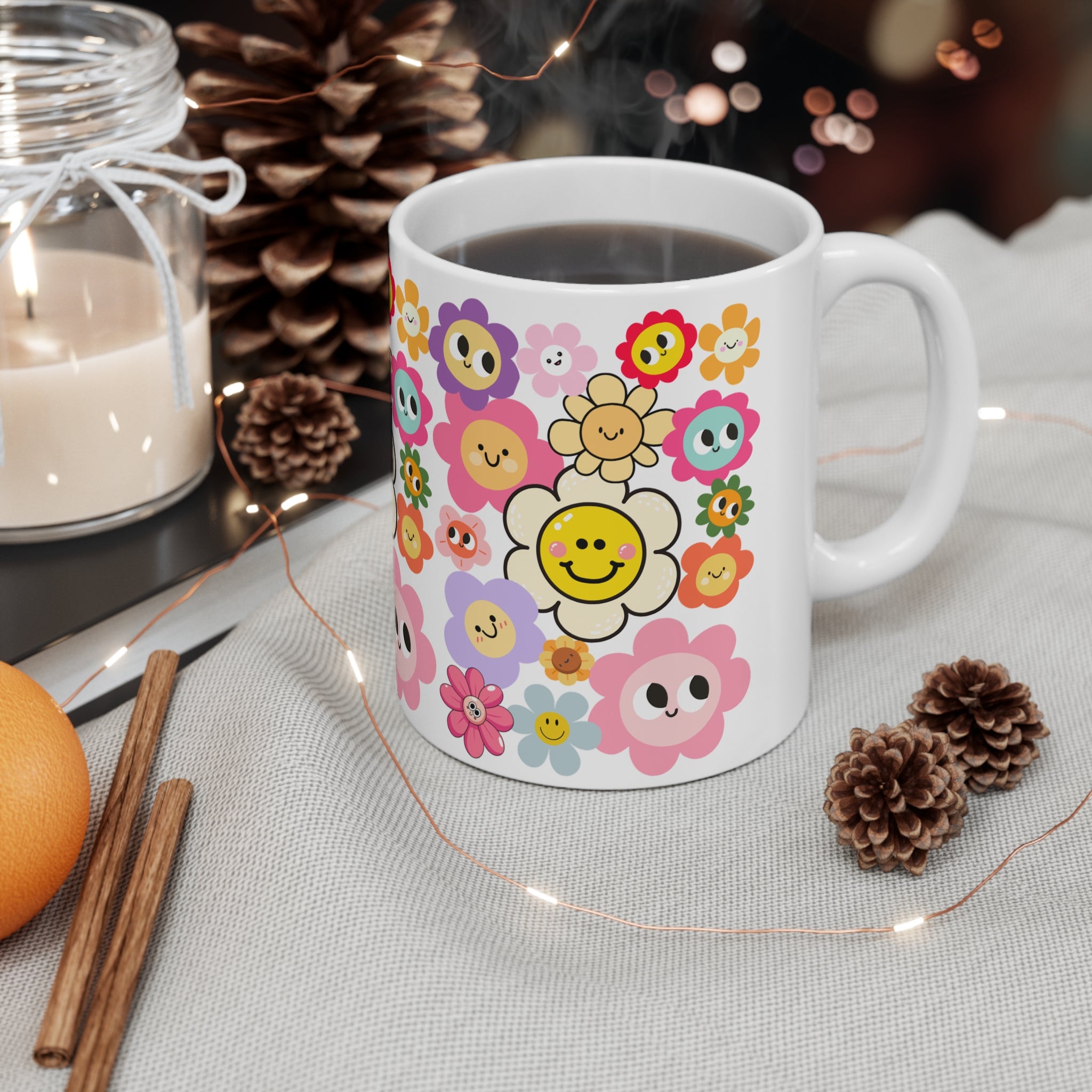 Happy Daisy Floral Coffee Mug — Cute Smiley Flower Pattern (11oz & 15oz)