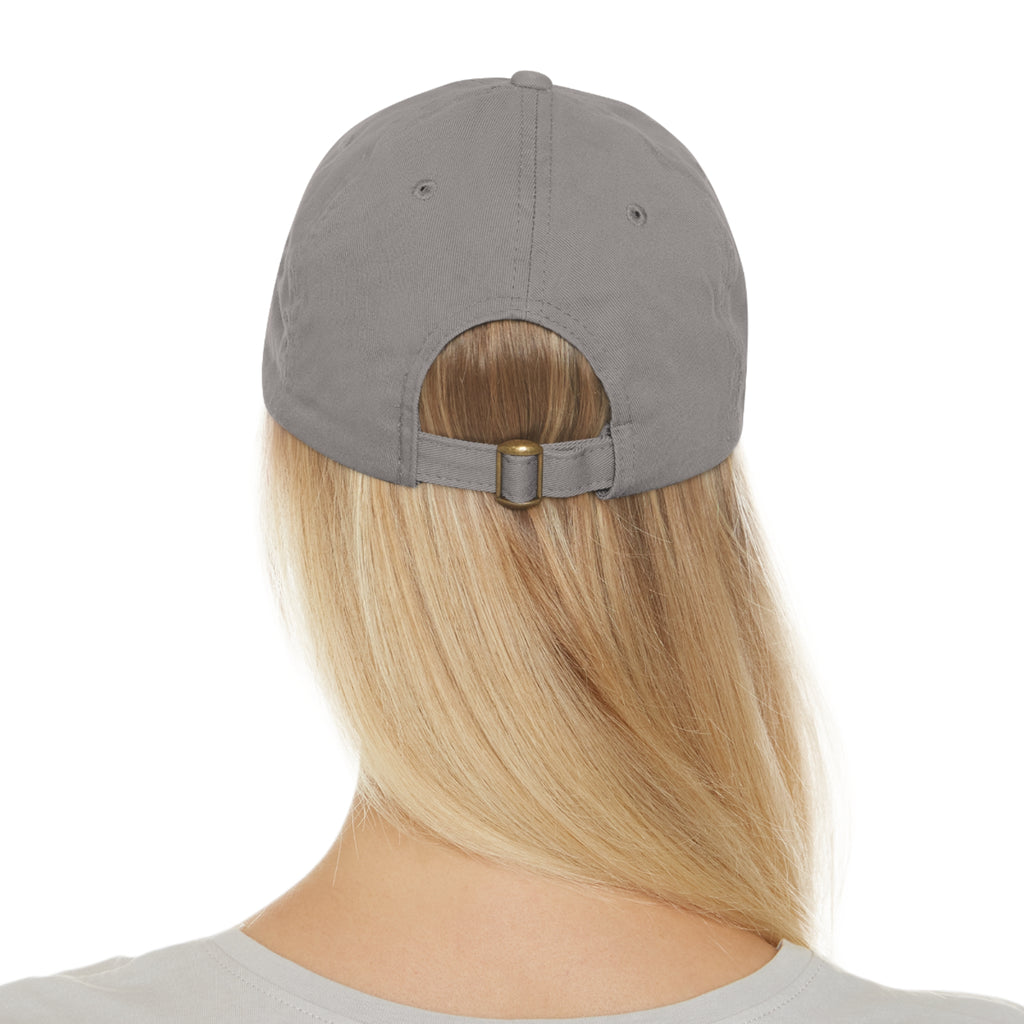White Dad Hat with Round Leather Patch - Blue Abstract Fish Design