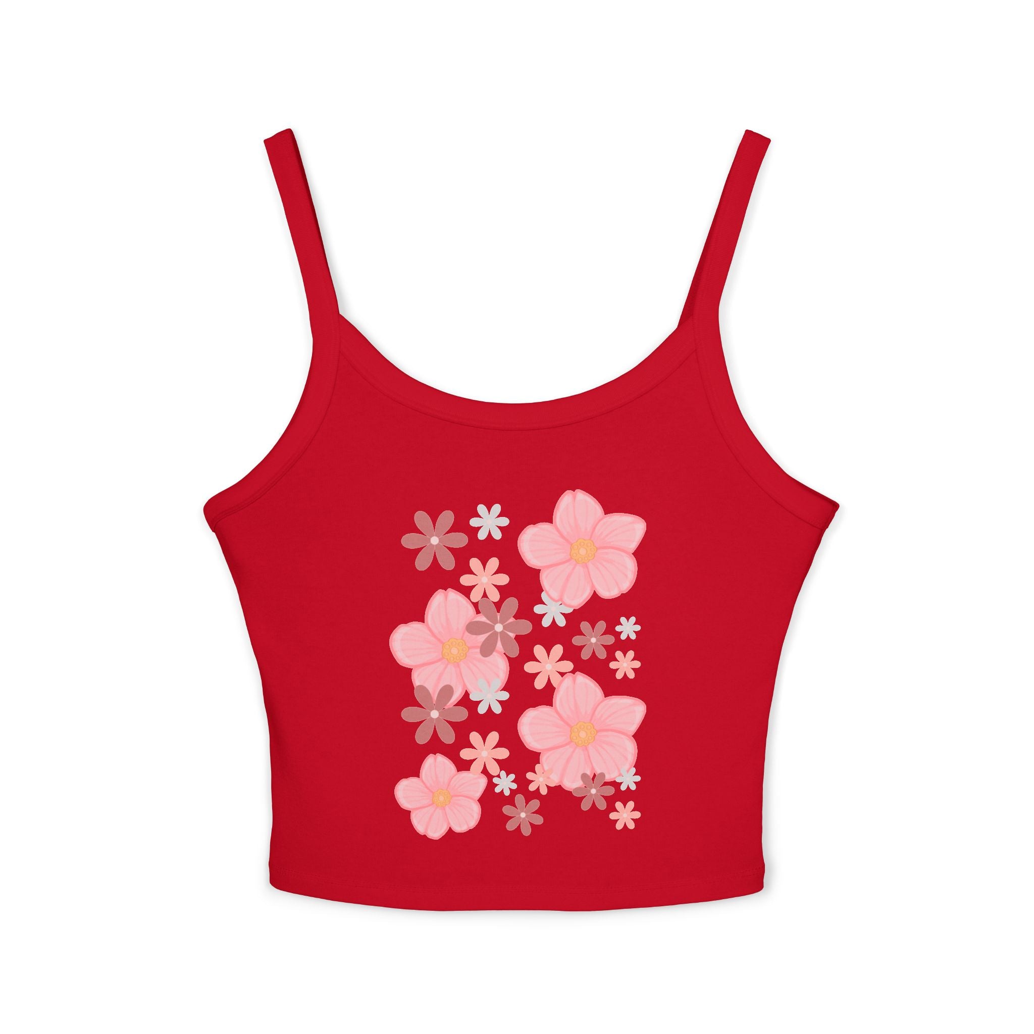 Floral Bloom Spaghetti Strap Tank — Pink Retro Flower Graphic