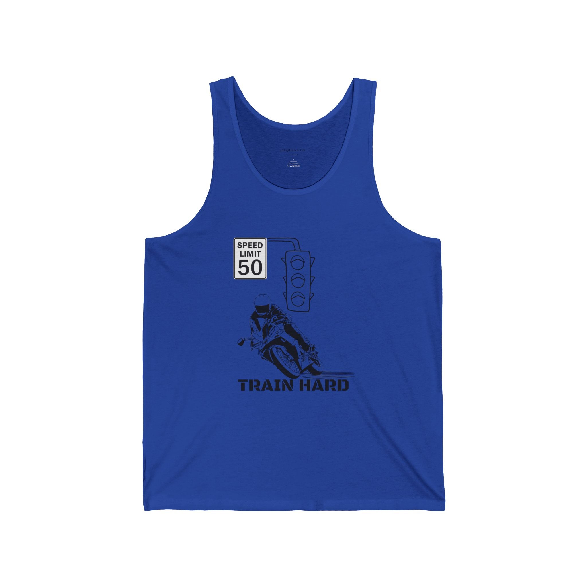 Train Hard Racerback Tank Top – Running Wolf Graphic, Speed Limit 50