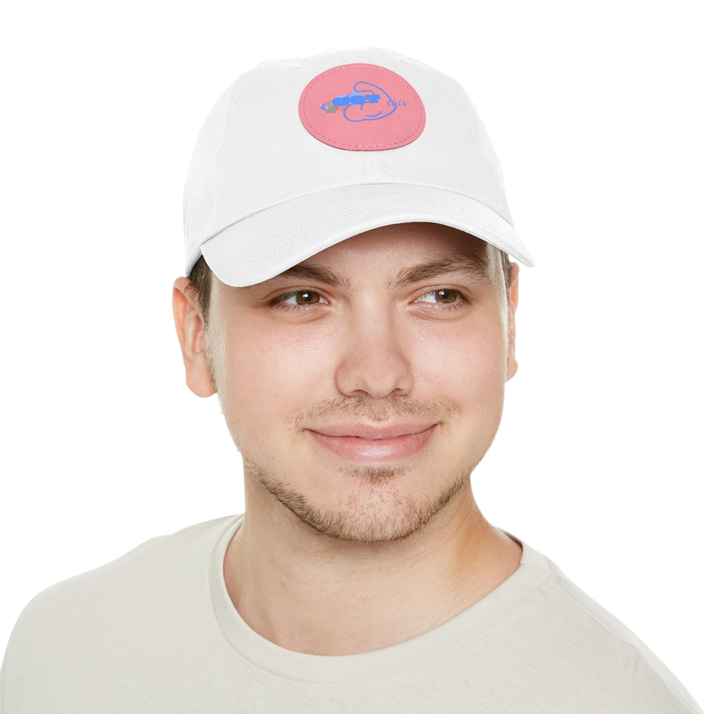 White Dad Hat with Round Leather Patch - Blue Abstract Fish Design